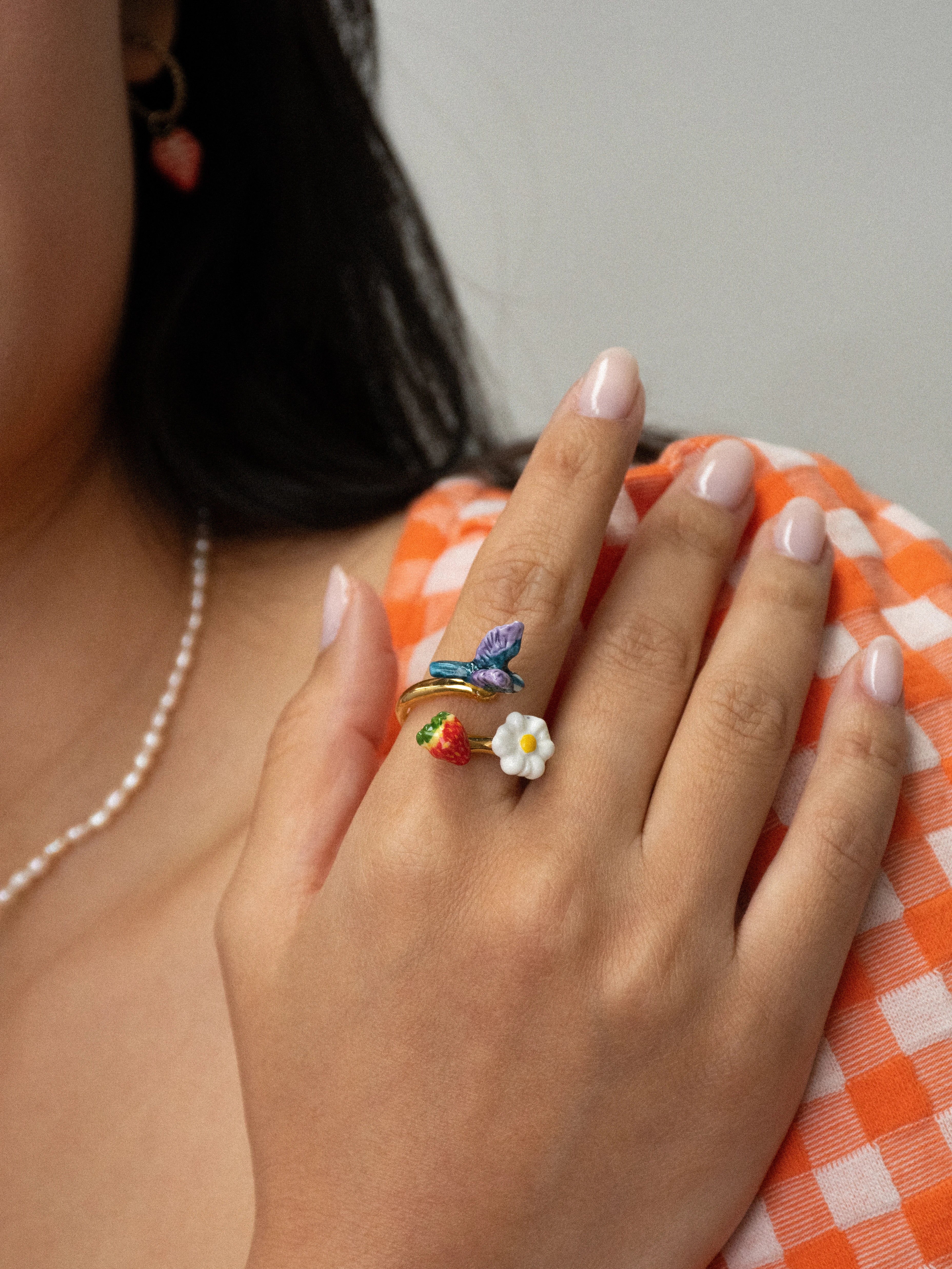 Bague mésange, fleur et fraise - Image 3