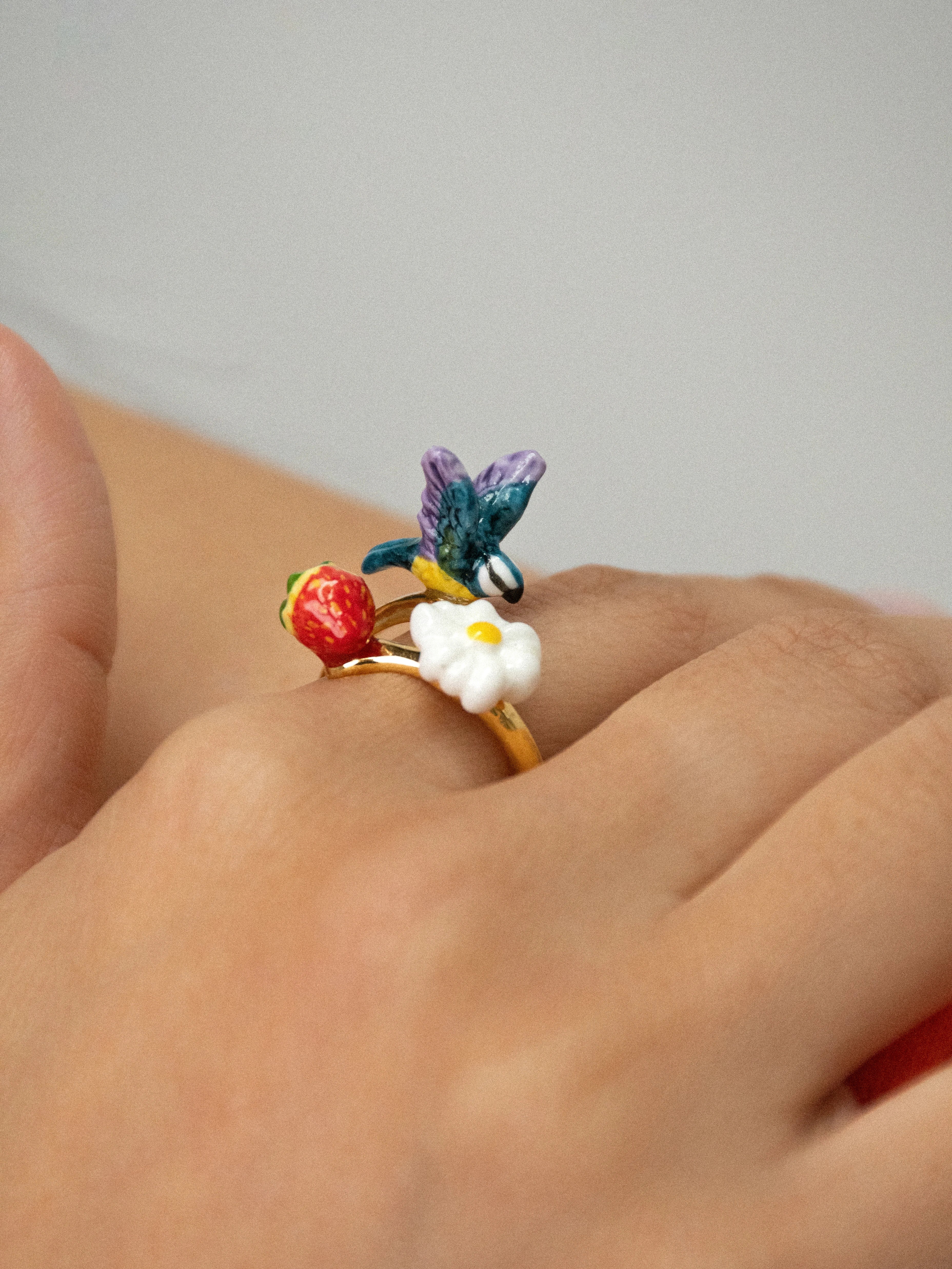 Bague mésange, fleur et fraise - Image 4