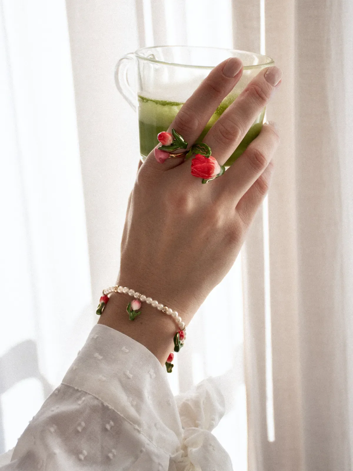 Bracelet Tulipes et perles blanches - Image 3